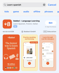 Babbel appears with a Custom Product Page tailored specifically to the query "learn Spanish"